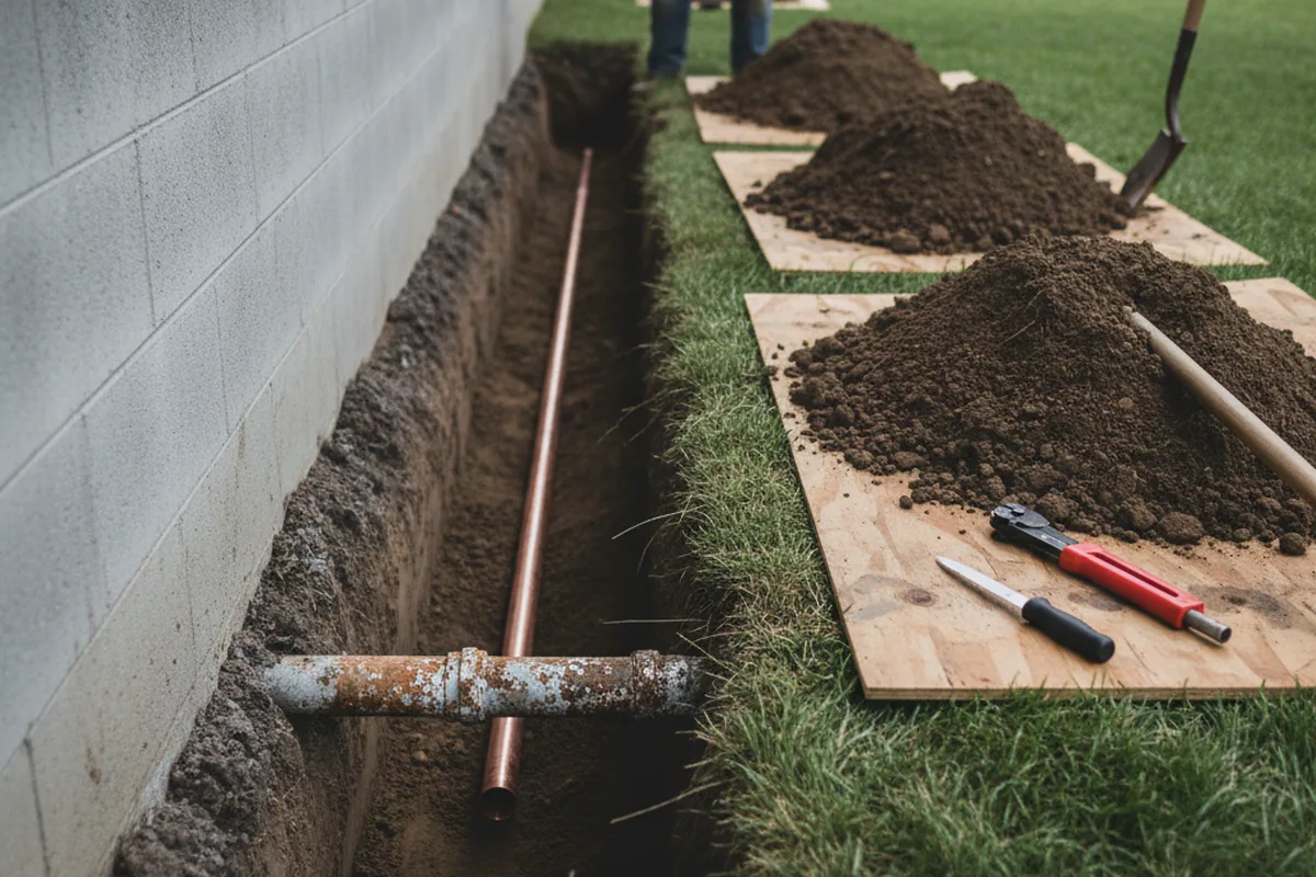 Excavated water line trench during Water Softener Installation in Adrian